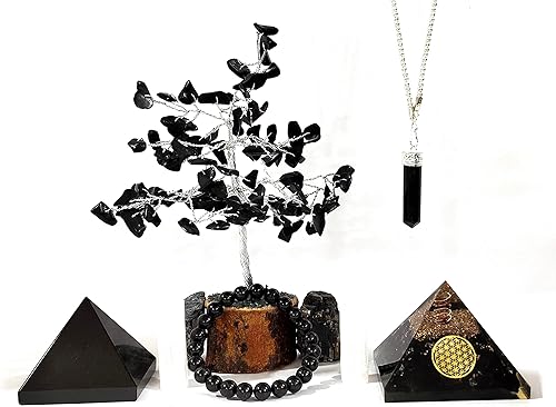 Kit completo de piedras preciosas naturales turmalinas negras de piedra pirámide de cristal pirámide orgonada con símbolo de flor de la vida árbol