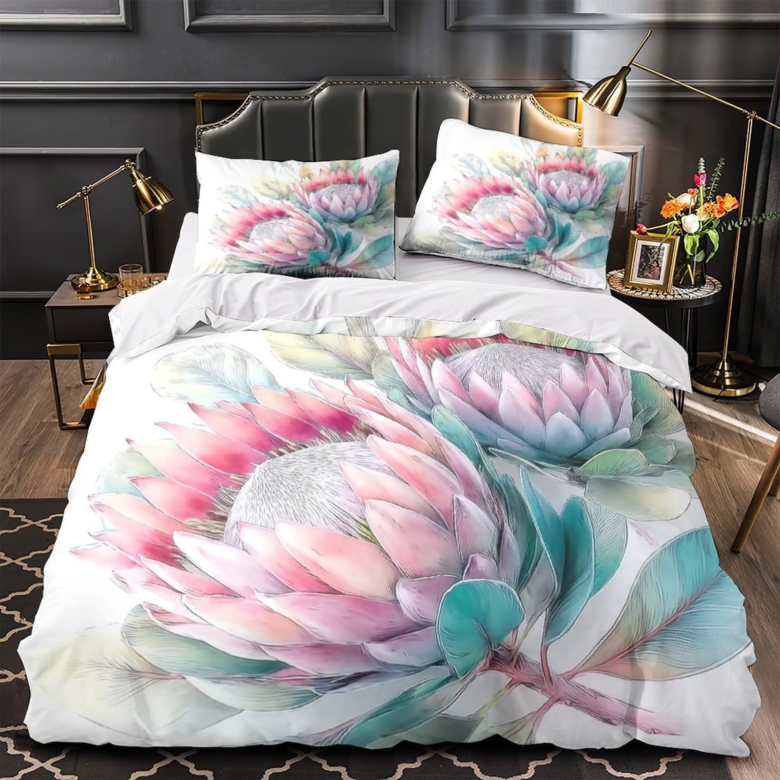 Housse de couette 220x240 motif protéa drap de lit botanique microfibre avec 2 taies King