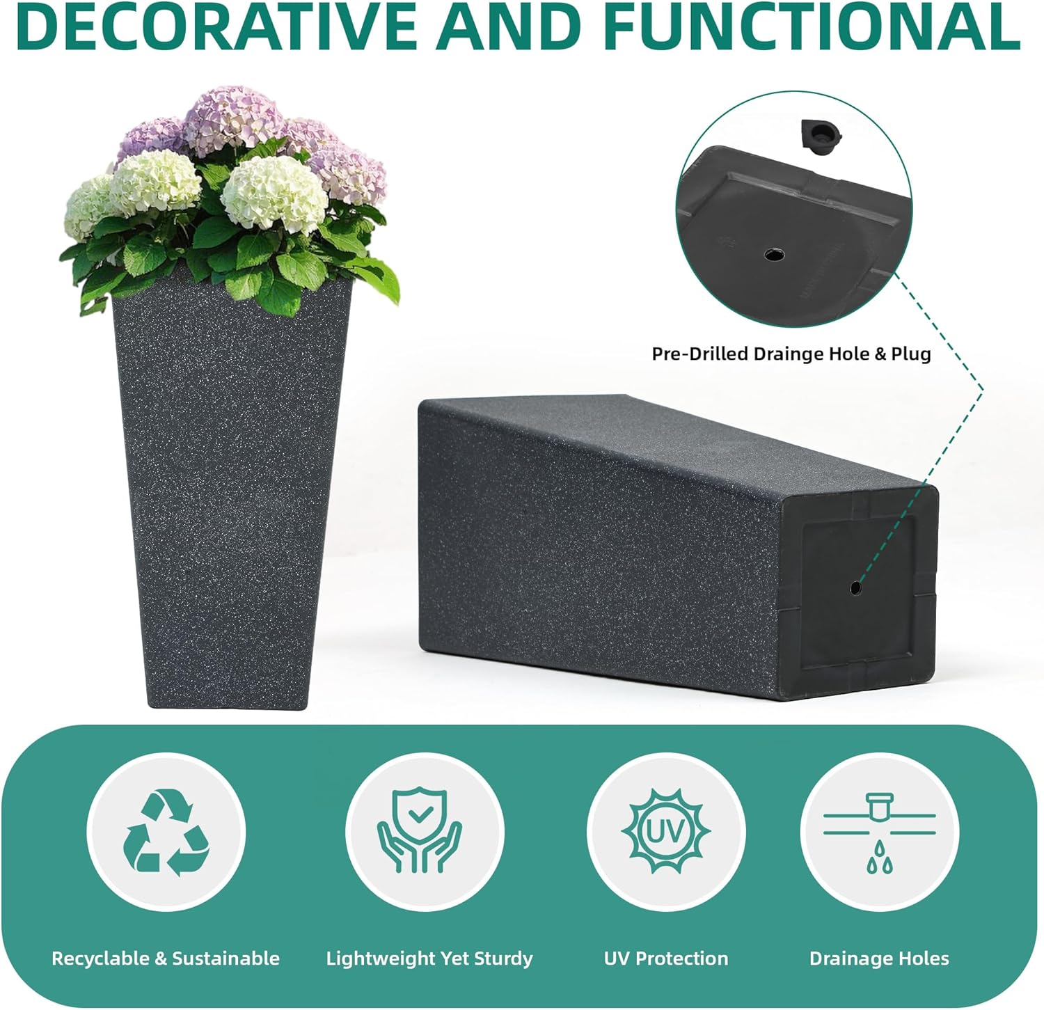 Autodaya 28" Tall Planters Set of 2, Oversized Terrazzo-Look PP Outdoor Pots for Plants, Versatile Indoor/Outdoor Flower Pots w/Drainage Hole for Patio, Garden, Porch & Living Room Decor, Ideal Gift