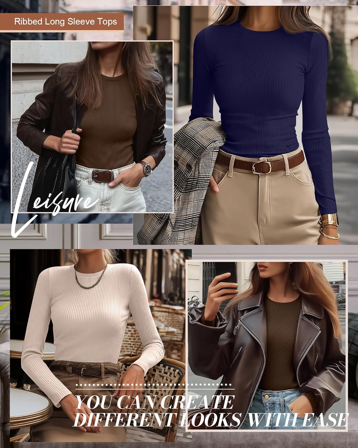 Ficerd 3 Pack Women's Ribbed Long Sleeve Tops, Crew Neck Slim Fit Undershirts Knit Basic Casual Stretch Layering Tee Shirts - Image 4