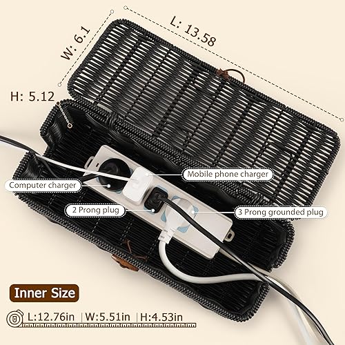 Miniatura 2 de Cable Management Box, Handwoven Faux Rattan Cord Organizer Box with Lid, 2 Open Slots Cable Organizer Box, Decorative Cord Hider Box for Tv Computer