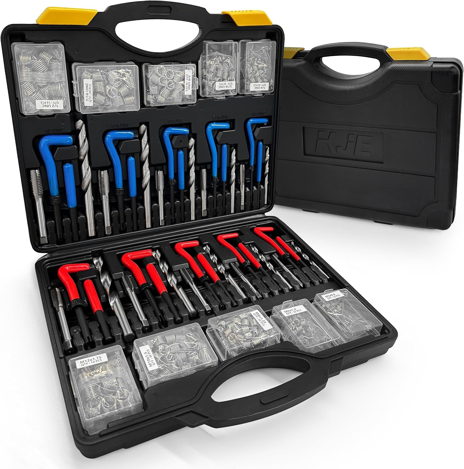 KJE 322PCS Helicoil Thread Repair Kit, Metric (M5-M12) & SAE (1/4"-1/2") Thread Restorer Kit with HSS Drill Bits Taps Thread Inserts Break-Off Tools, Stripped Thread Repair Kit for Automotive