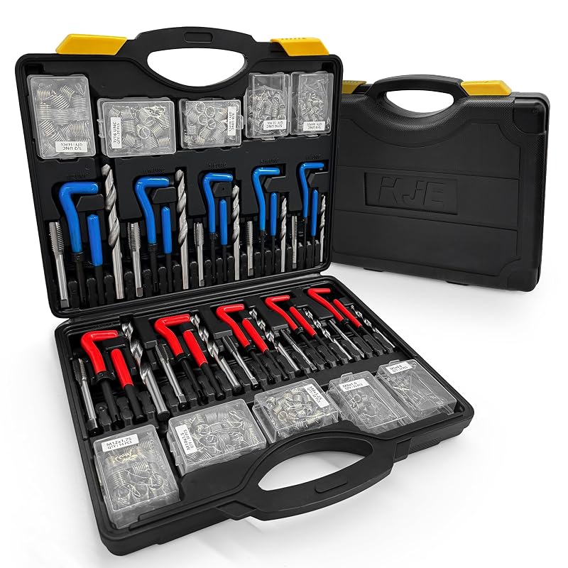 KJE Kit de Reparo de Rosca Helicoil com 322 Peças, Métrico M5–M12 e SAE 1/4–1/2 pol., com Brocas HSS, Machos, Insertos e Ferramentas