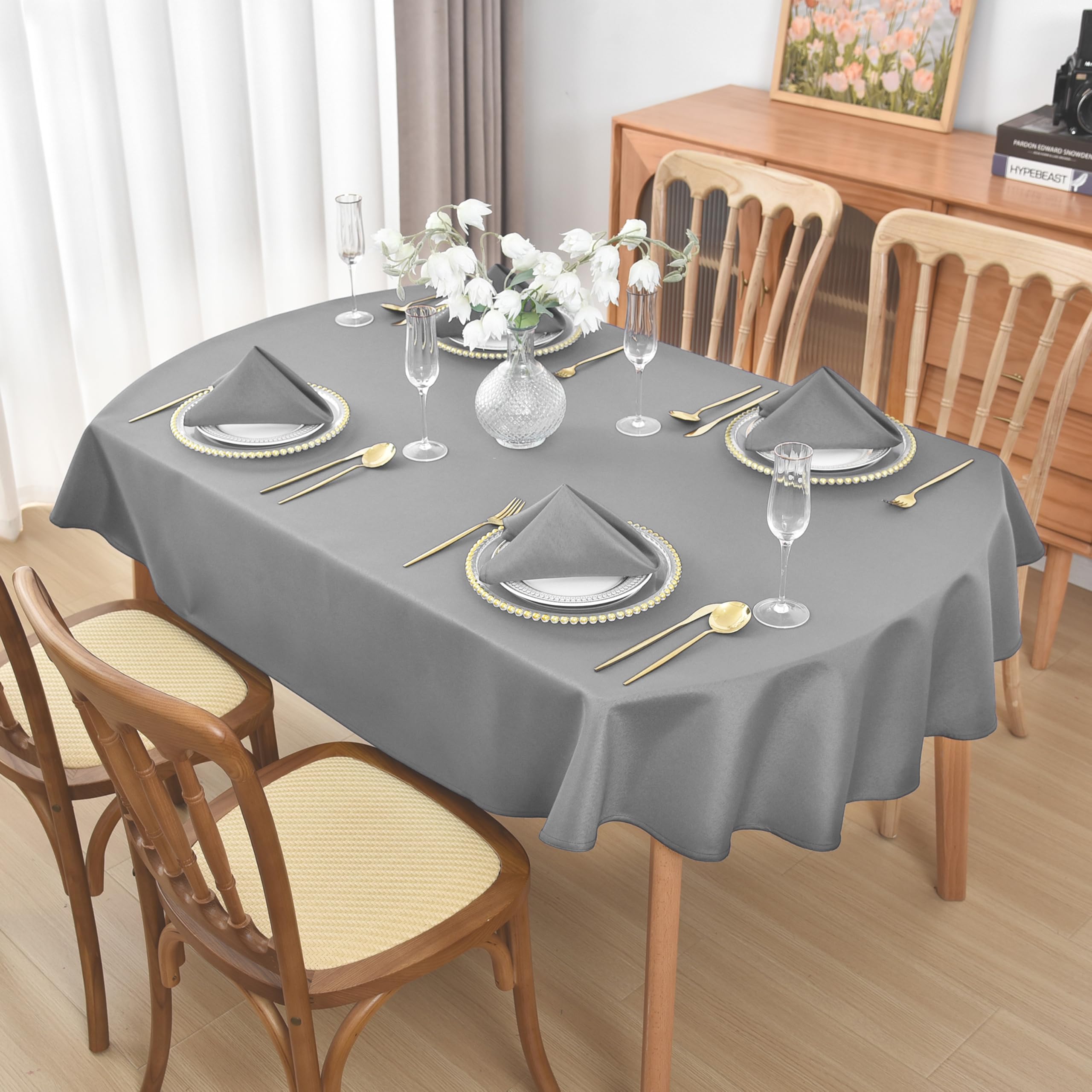Viiamacki Oval Tablecloth, 60 x 102 Inch, Stain and Wrinkle Resistant Machine Washable Polyester Table Cloth, Fabric Table Cover for Dining Buffet Party and Outdoor Use Grey โ image 1