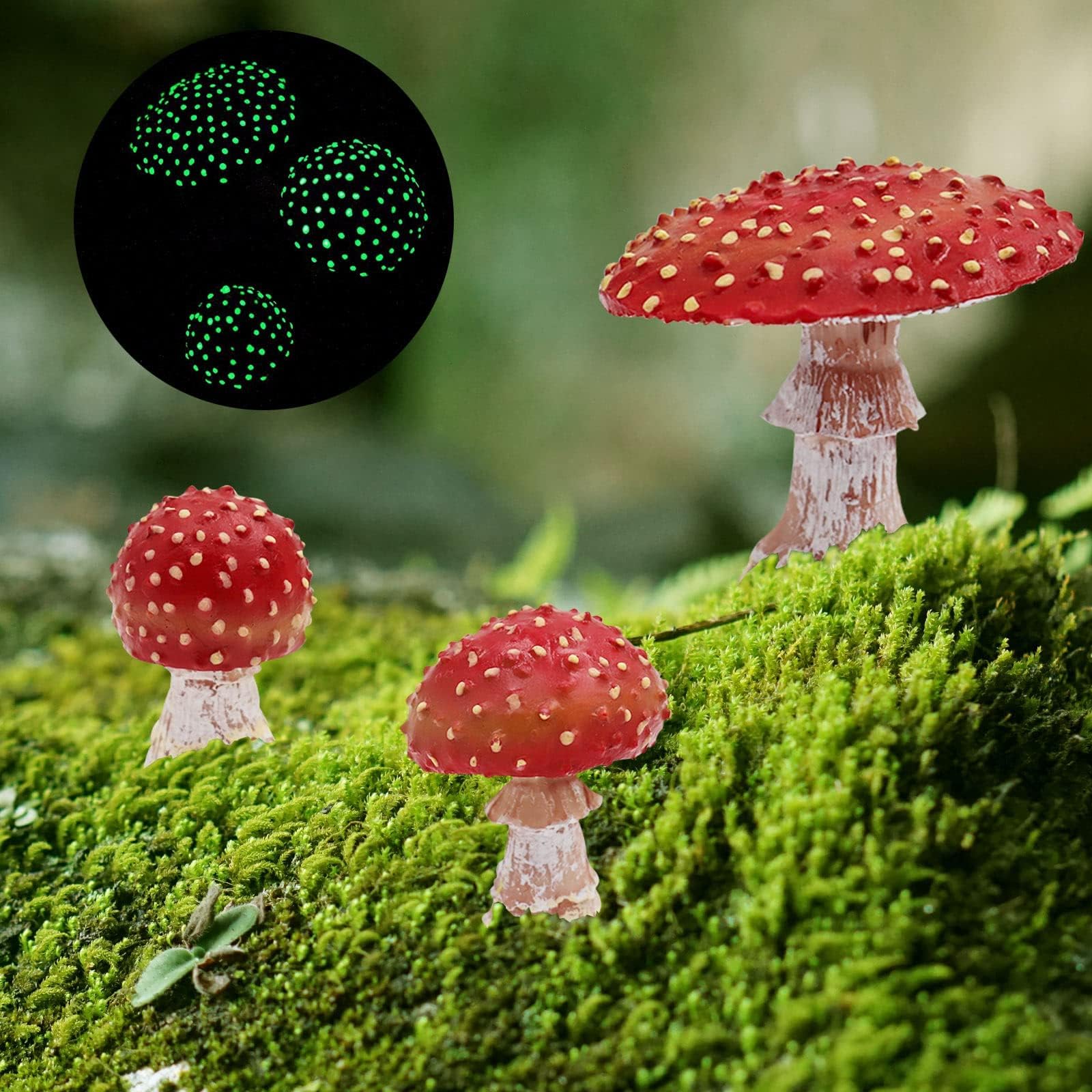 Three Pack Glowing Garden Mushroom Decor - Resin Statue for Night Illumination, Pots, Lawn, Outdoor and Micro Landscape Decorations