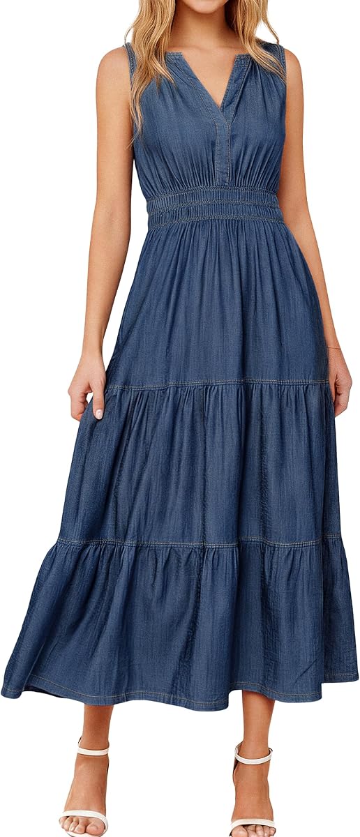 Womens Denim Dress Sleeveless Jean Maxi Dress Empire Waist Flowy A Line Cowgirl Country Soft Chambray with Pockets