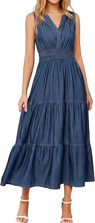 BerryGo Womens Denim Dress Sleeveless Jean Maxi Dress Empire Waist Flowy A Line Cowgirl Country Soft Chambray with Pockets
