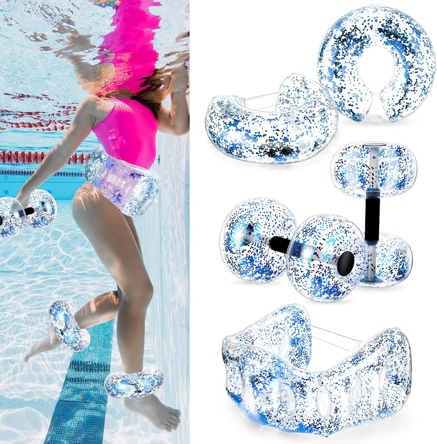 5 Pcs Water Workout Combo Set Includes PVC Water Dumbbell Water Weight Swimming Float Belt Soft Padded for Water Aerobics, Pool Fitness, Water Exercise Tool (Blue,Sequin Style)
