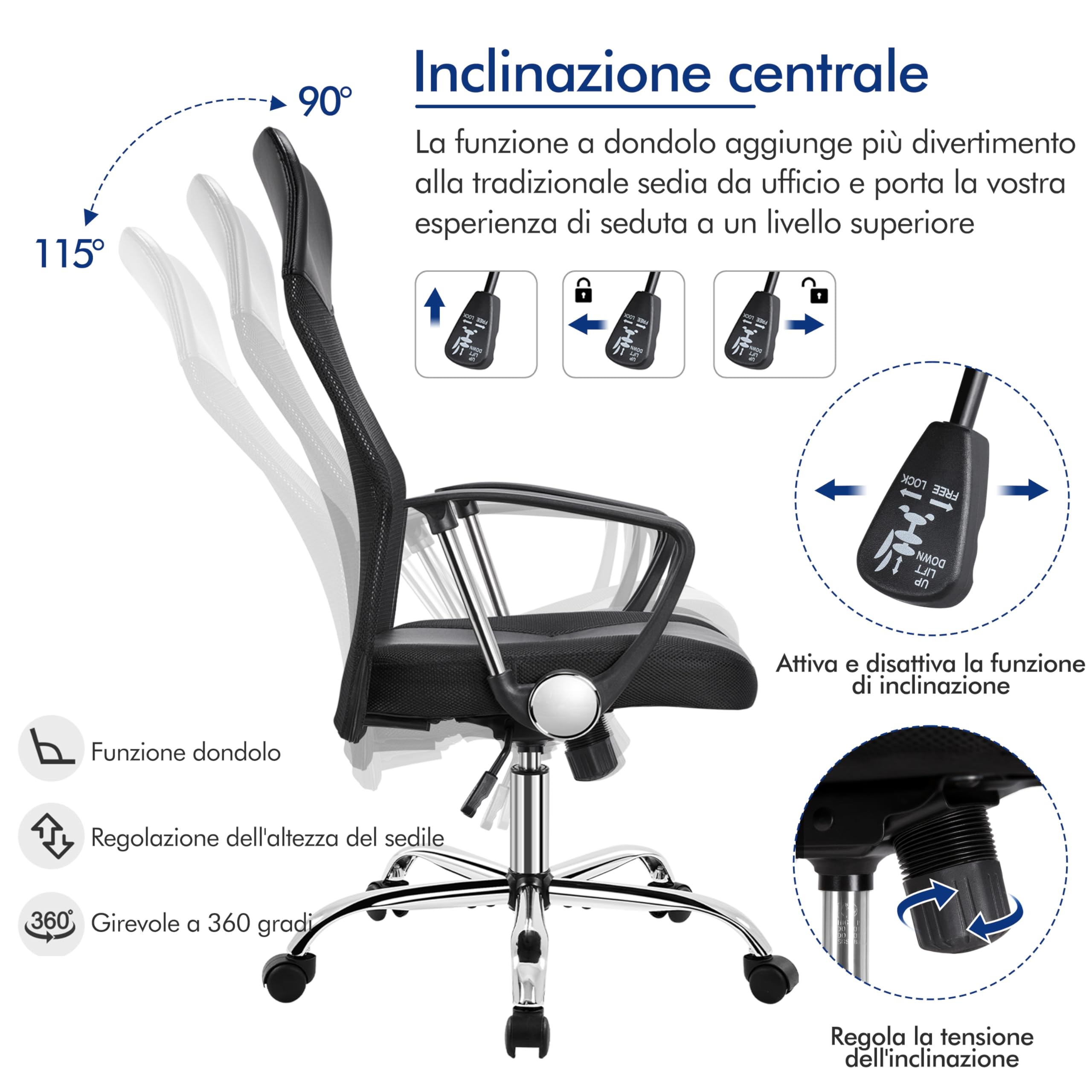 Sedia Ufficio Ergonomica Sedia da Scrivania Girevole Inclinabile in Rete Traspirante Schienale Alto Imbottita Altezza Regolabile con Braccioli e Rotelle Portata di 135kg Nera