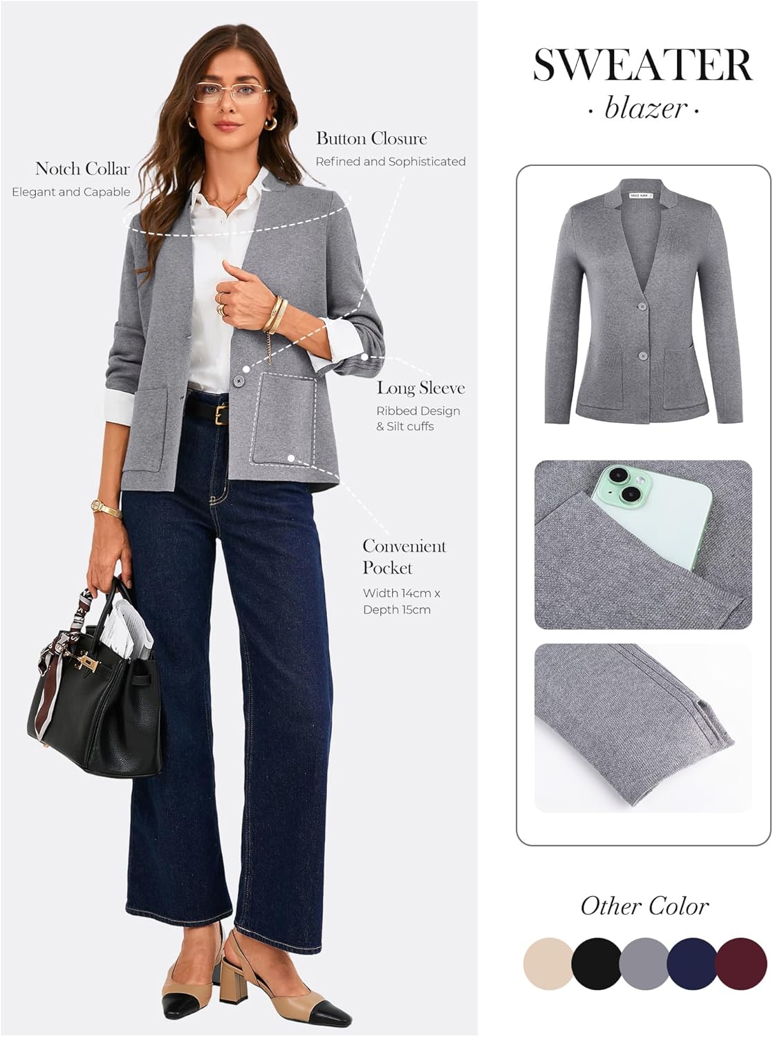 GRACE KARIN Women Sweater Blazer Business Casual Knit Cardigan 2026 Long Sleeve Suit Jackets Work Blazers with Pockets - Image 2