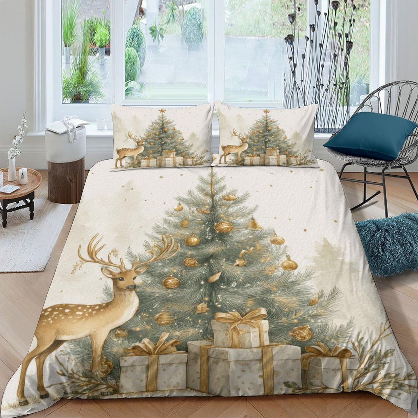 GPLZQXKJNH 3D Printed Christmas Tree Duvet Cover Microfiber Soft Reindeer Quilt Cover Set with 2 Pillowcases for Bedroom Decor Single（135x200cm）