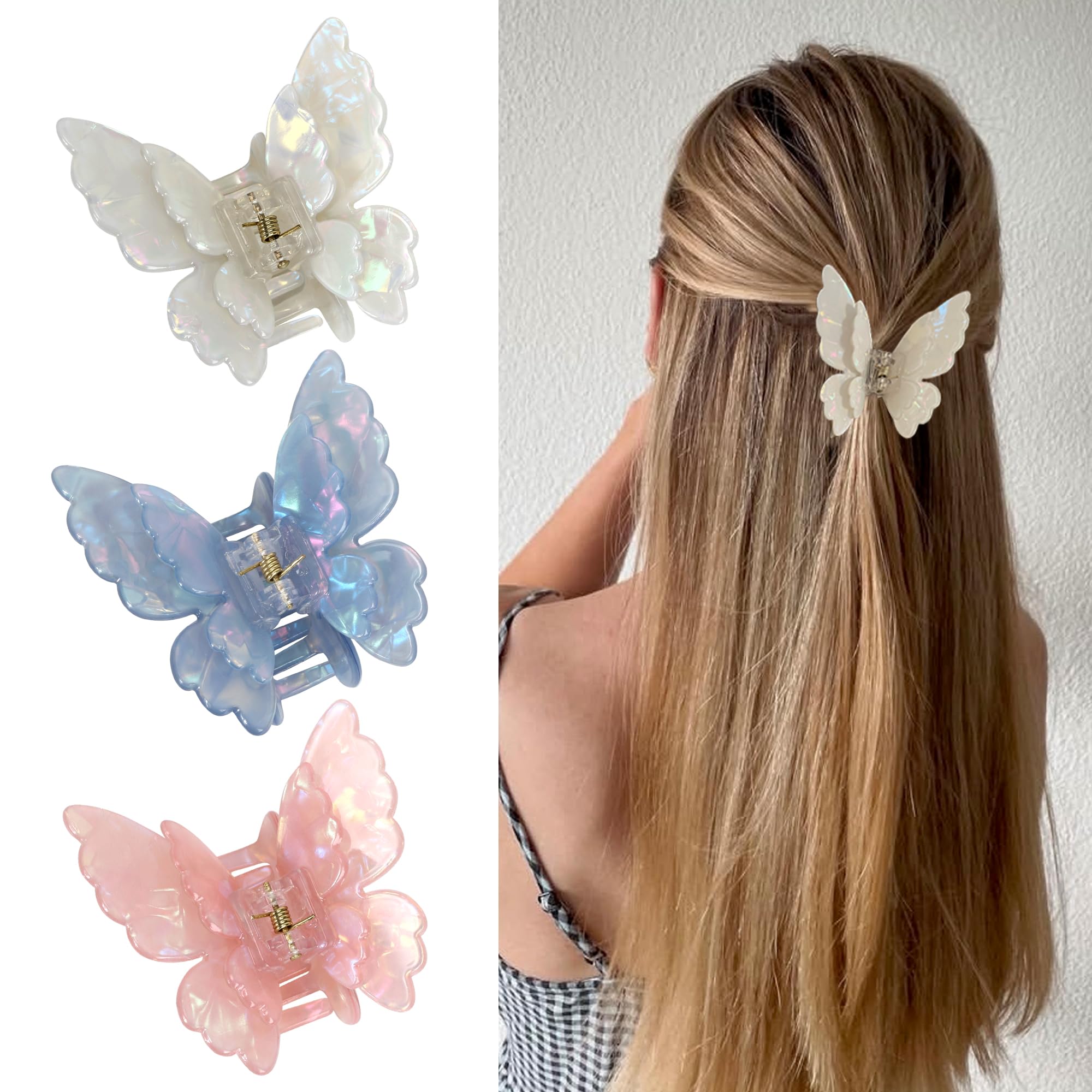 Photo 1 of 3 Packs Butterfly Hair Clips Acetate Tortoise Shell Non-Slip Jaw Clips 2.5inch, Beautiful Butterfly Hair Accessories for Girls and Women(Mixed color, White, Blue, Pink)