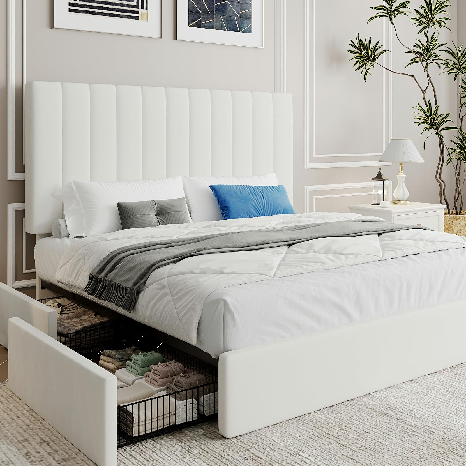 SHA CERLIN Full Size Platform Bed Frame with 4 Storage Drawers, Vertical Channel Tufted Adjustable Headboard, Velvet Upholstered, Wooden Slats Support