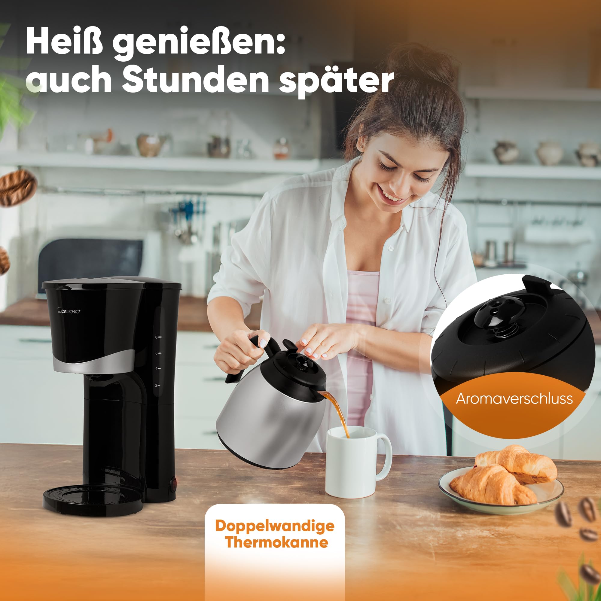Clatronic® Cafetière thermos | Cafetière automatique pour 8-10 tasses de café filtre | Stop-goutte & arrêt automatique | Insert de filtre amovible | Indicateur de niveau d'eau | 1 litre | KA 3327 noir