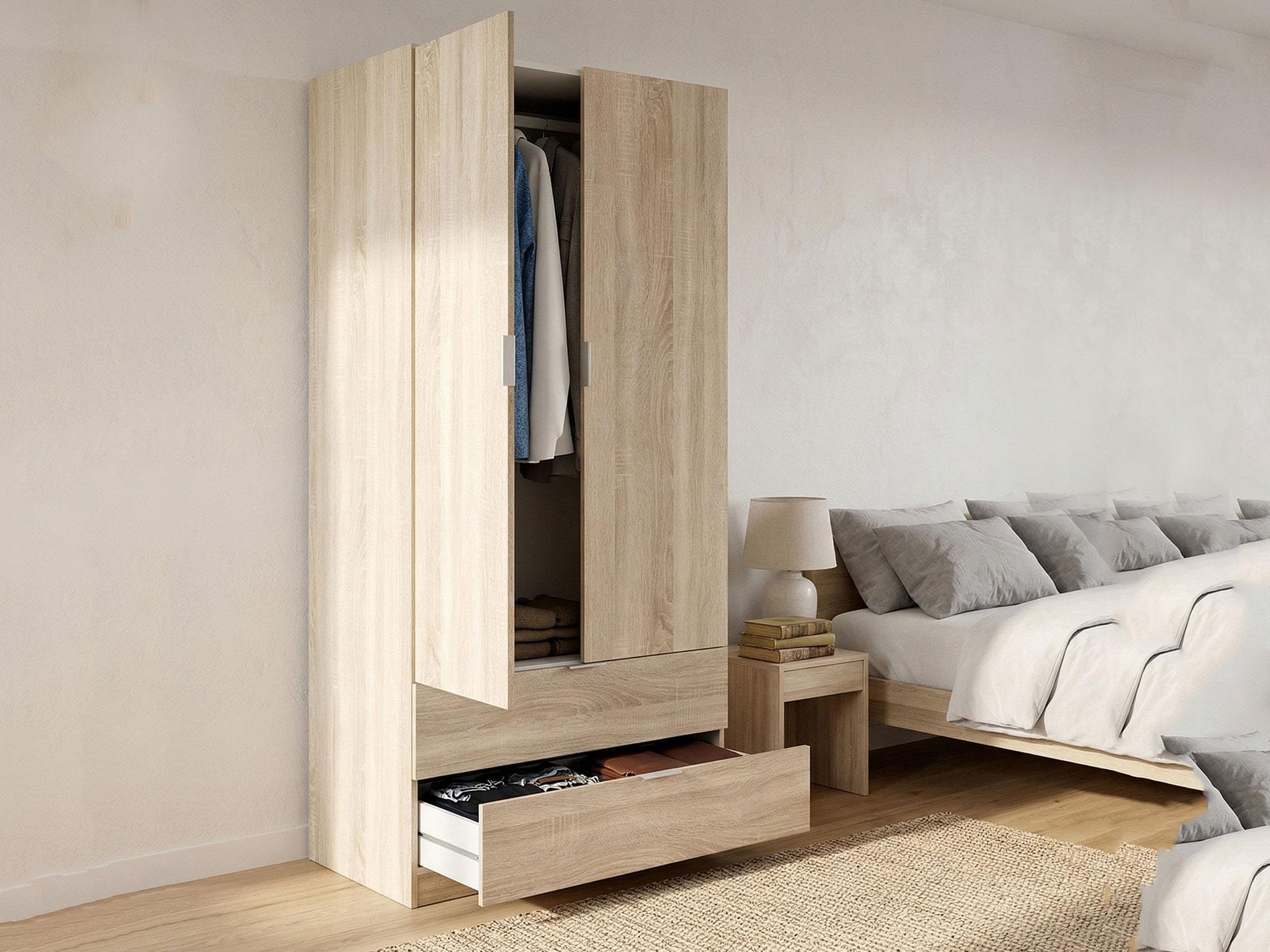 Dmora - Garde-robe 2 portes Burbank, armoire de chambre à 2 tiroirs, Armoire avec tringle à vêtements, 81x52h180 cm, Chêne