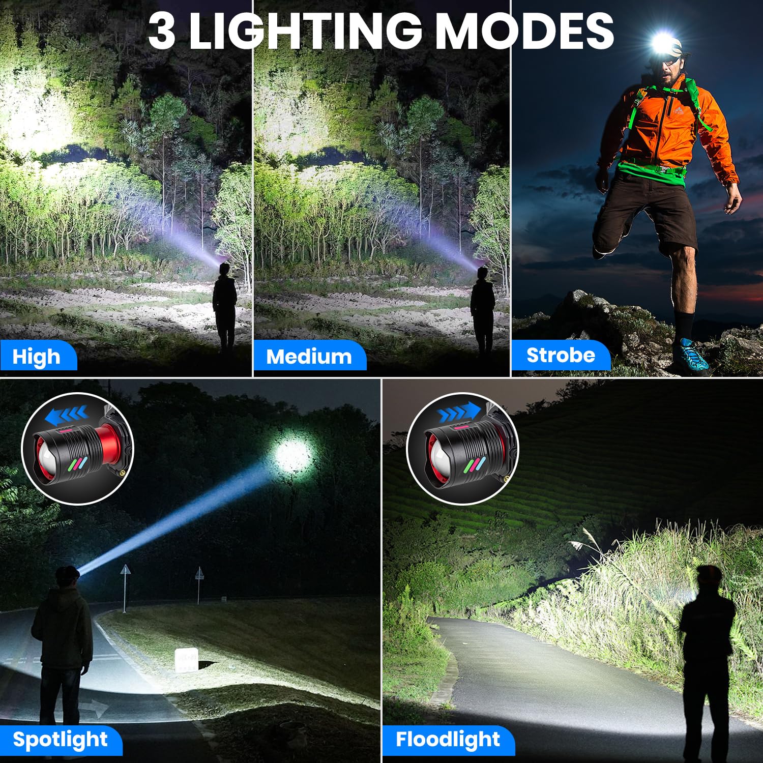 Torcia Frontale LED Ricaricabile, 90000 Lumen Lampada Frontale con 3 Modalità e Luce Avviso, Torcia da Testa Zoomabile e Regolabile, IPX7 Impermeabile per Outdoor Pesca Trekking