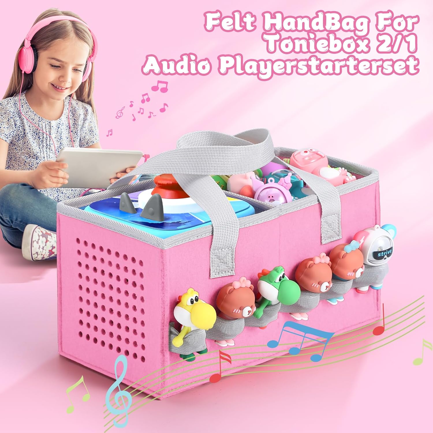 Carrying Case Travel Felt Bag Compatible with Toniebox 1/2 Audio Player Starter Set and Tonies Figurine (Pink) - Image 5