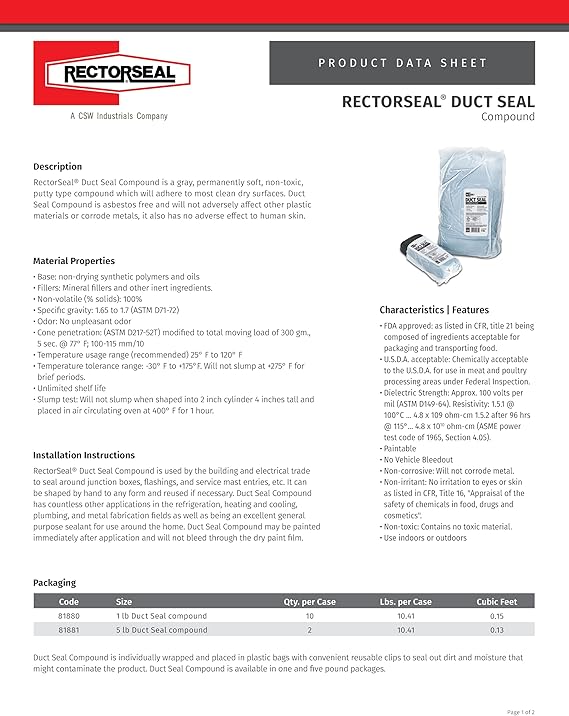 RectorSeal Duct Seal 81880 Compound, Easily Applied to Plumbing & Metal Fabrication, Paintable General Purpose Sealant, 1 lb