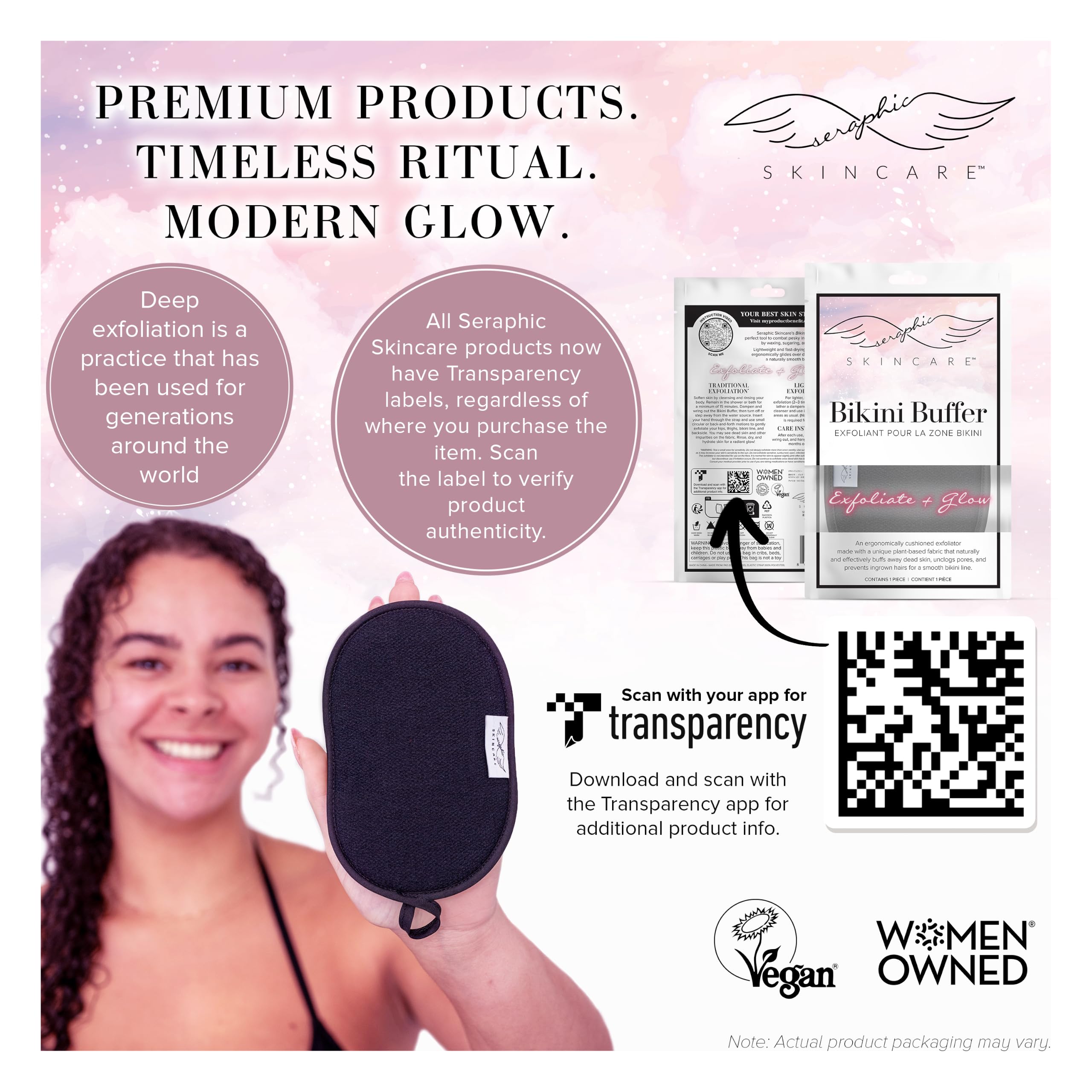 Seraphic Skincare Bikini Buffer Exfoliating Scrub Mitt - Skin Exfoliator Scrubbing Pads for the Bikini Area - Ingrown Hair Remover and Razor Bumps Treatment - Natural Exfoliation for Women