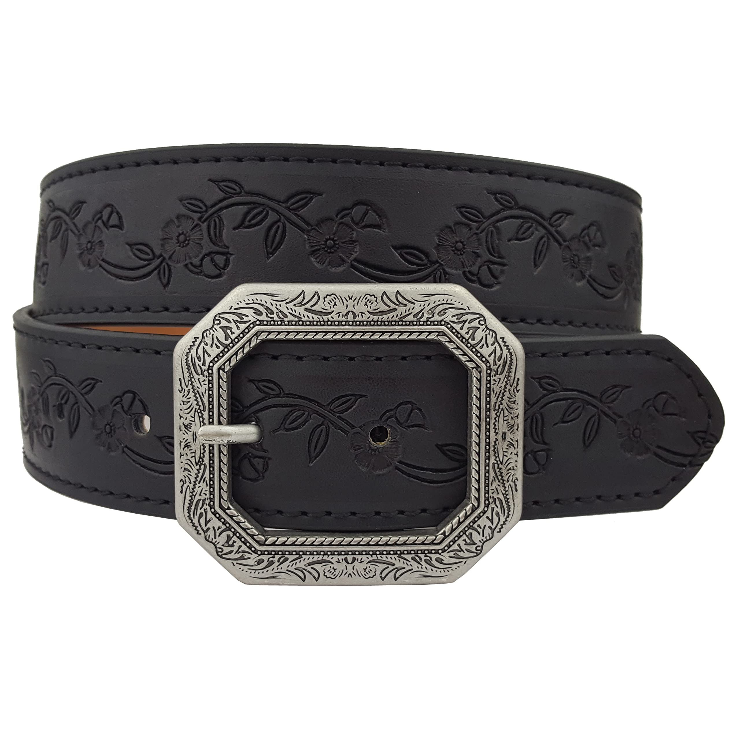 Trendy Floral Tooled Belt with a silver floral etched buckle Black L