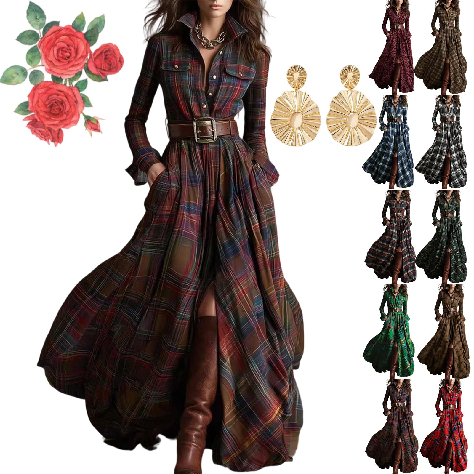 Western Dress for Women Plaid Maxi Shirt Dresses Vintage Long Sleeve V-Neck Button Down Belt Flowy Fall Long Dress