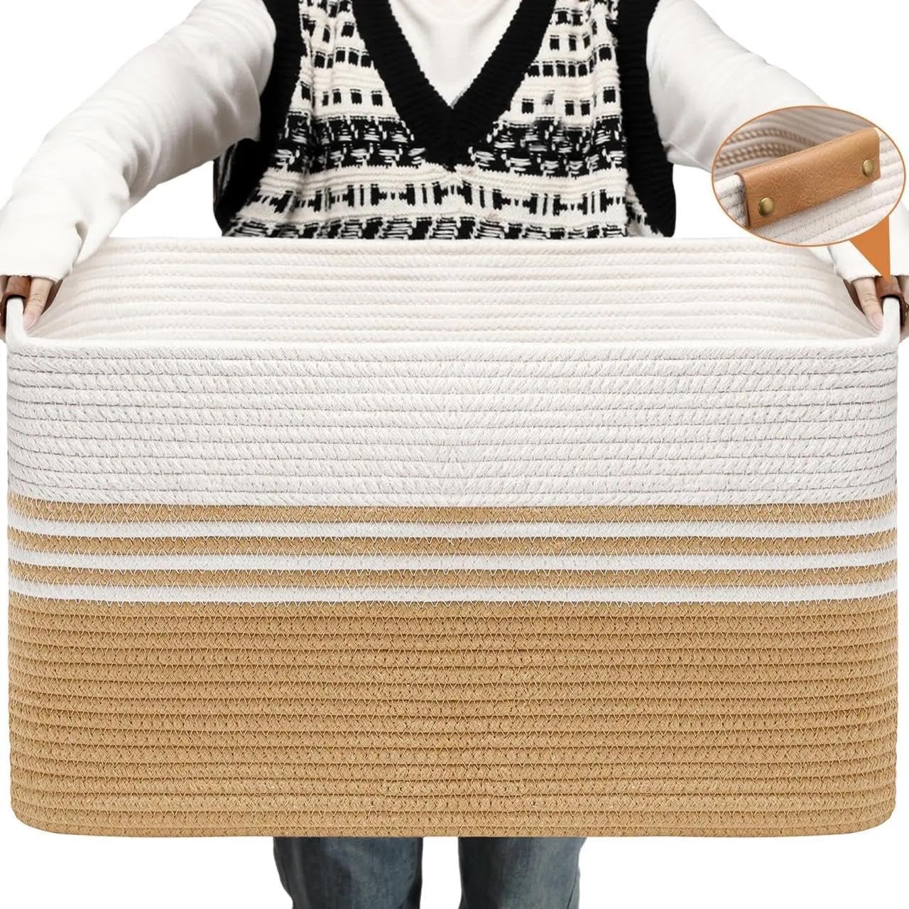 15"x20" Large Laundry Basket, Woven Cotton Rope Rectangular Storage Basket for Clothes, Toys & Blankets – Ideal for Bedroom & Living Room, W Beige-image-47