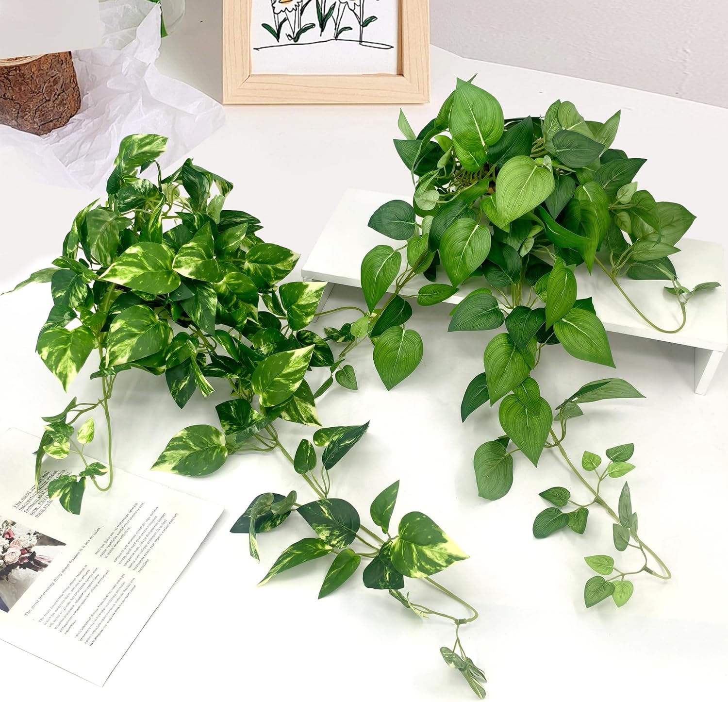 Artificial Hanging Plants with White Pots –2 Pack Fake Pothos Potted Plants Faux Ivy Vines 23.6‘’, Realistic Greenery Hanging Fakeplants Indoor for Home Decor, Bedroom, Bathroom, Office, Living Room