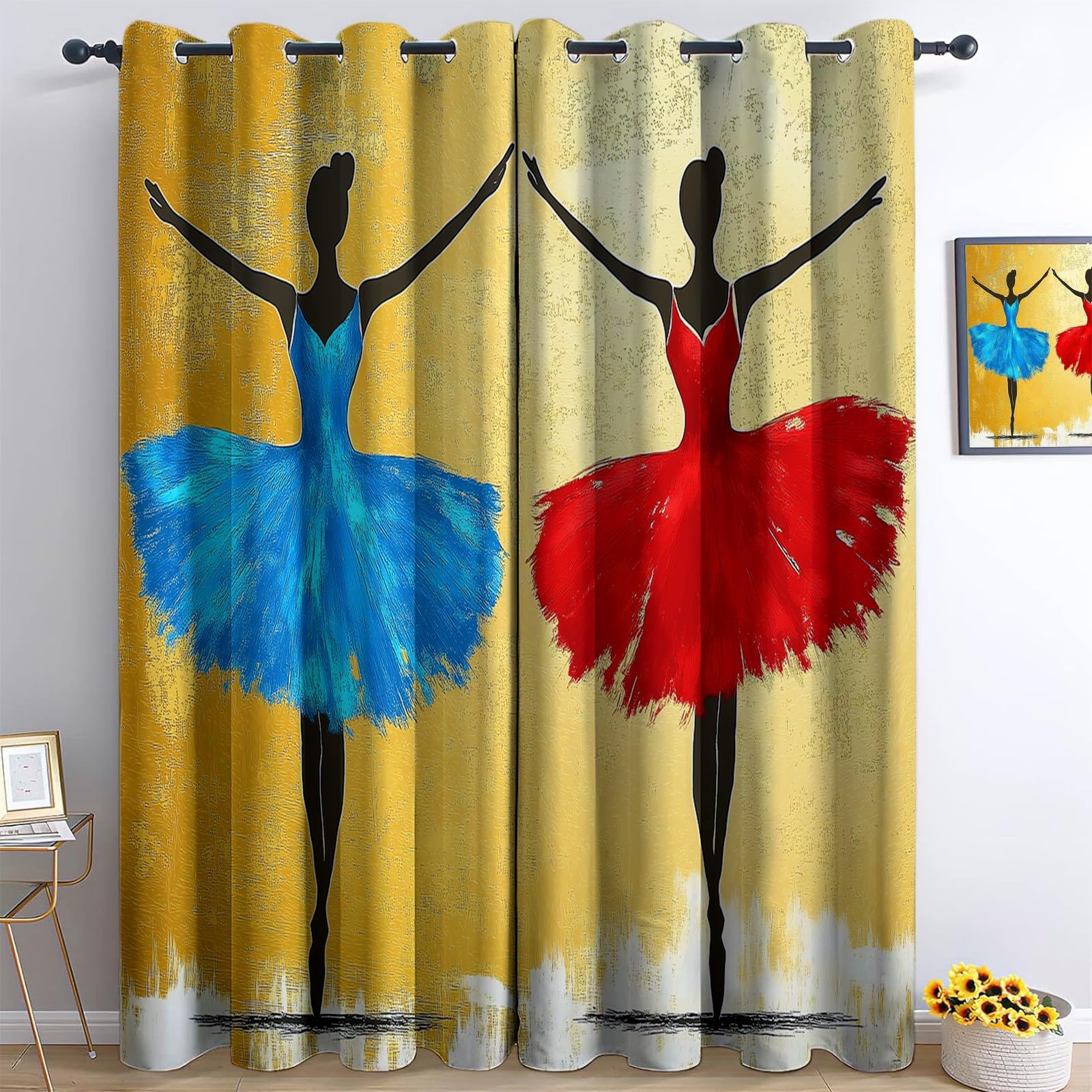 Bemalte Balletttänzerin Verdunklungsvorhänge Kinderzimmer Junge Mädchen, Golden Polyester Blickdichte Vorhänge H 138 x B 117 cm 2er Set Gardinen mit Ösen Wohnzimmer Fensterdekoration