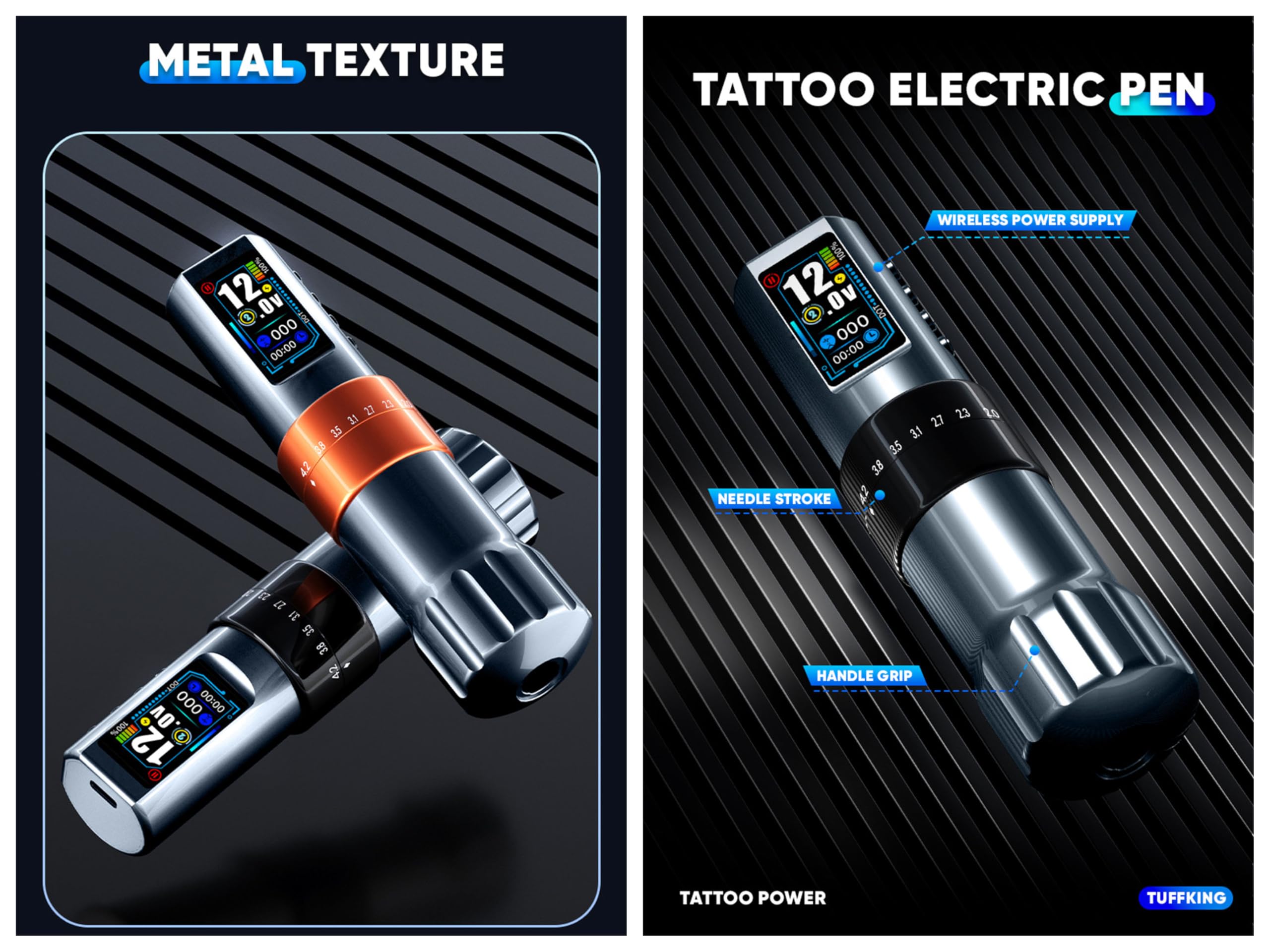 Kit penna rotativa per tatuaggio wireless - Set macchinetta per tatuaggio con corsa regolabile da 2,0-4,2 mm con schermo LCD TFT, alimentatore 1600 mAh,Nero,A