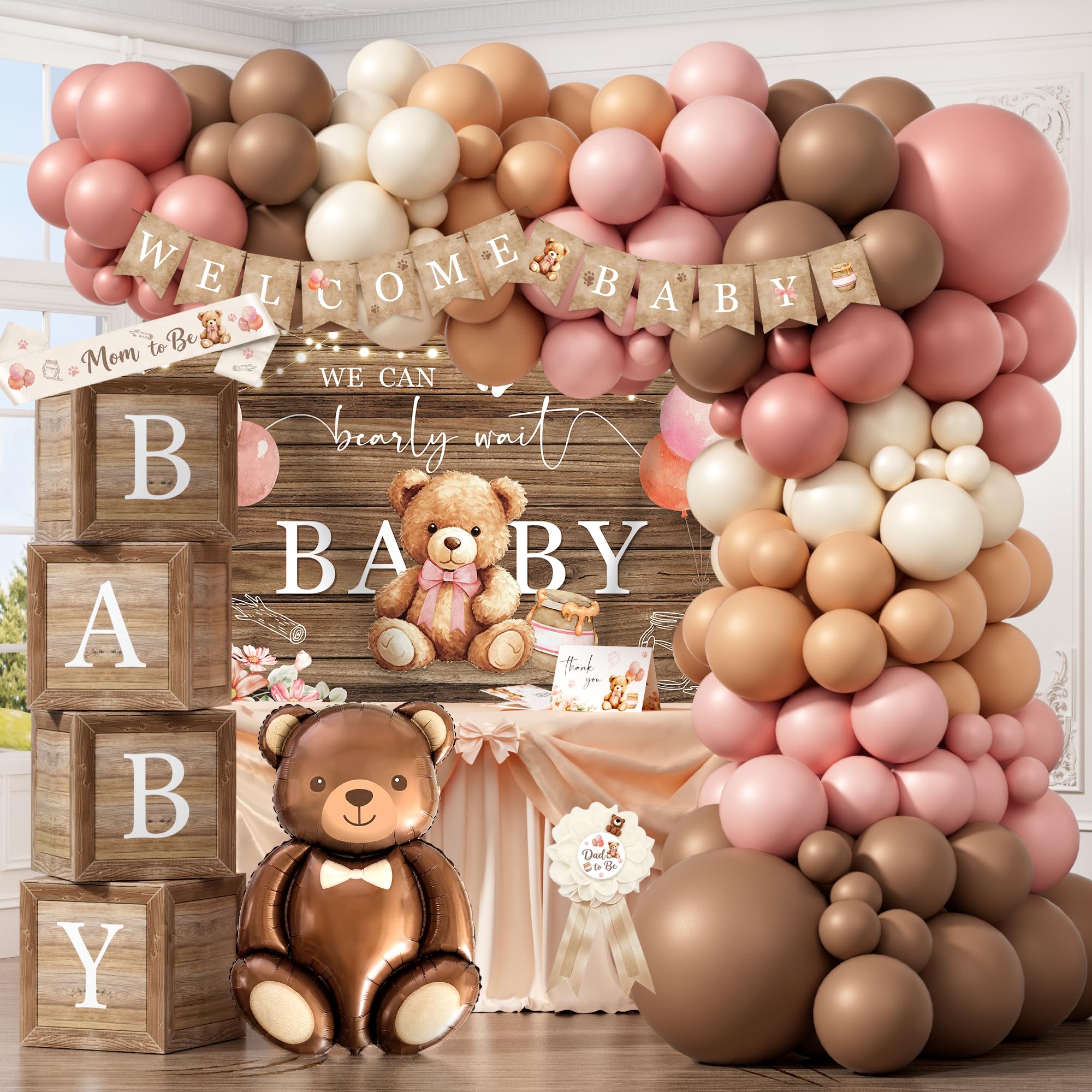 Decorazioni per baby shower per ragazza, possiamo aspettare Bearly Baby Shower Forniture per baby shower, forniture per feste a tema orso rosa per baby shower forniture sfondo ghirlanda palloncino per