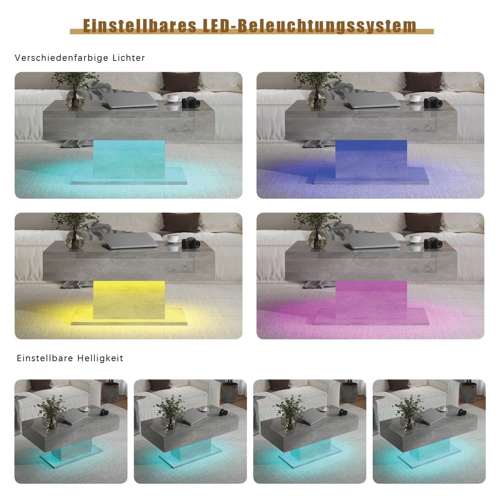 KEEPREAPER Couchtisch, Wohnzimmertisch mit LED Beleuchtung und 2 Schubladen für Wohnzimmer Hochglanz 110x55x50cm (Grau)