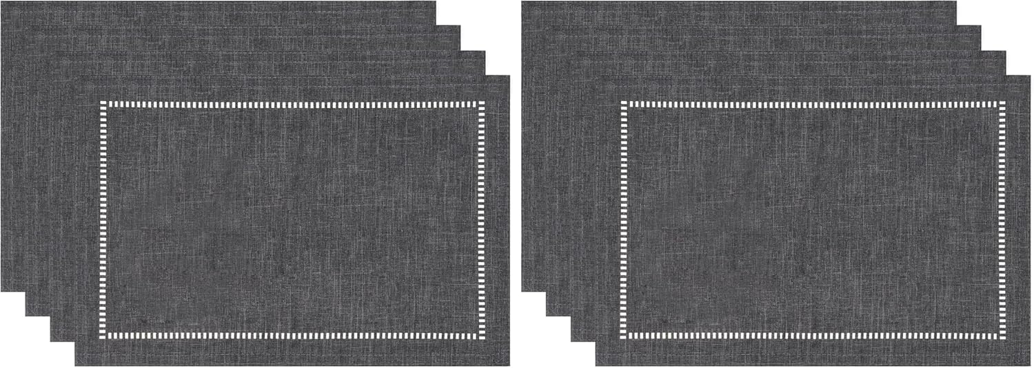 Tosewever Set of 4 Decorative Linen Placemats 12 x 18 Inches, Farmhouse Style Table Mats for Everyday Dining Wedding Party Holiday Home Decor (4 Pieces 12 x 18”, Grey/Straight) (Pack of 2)