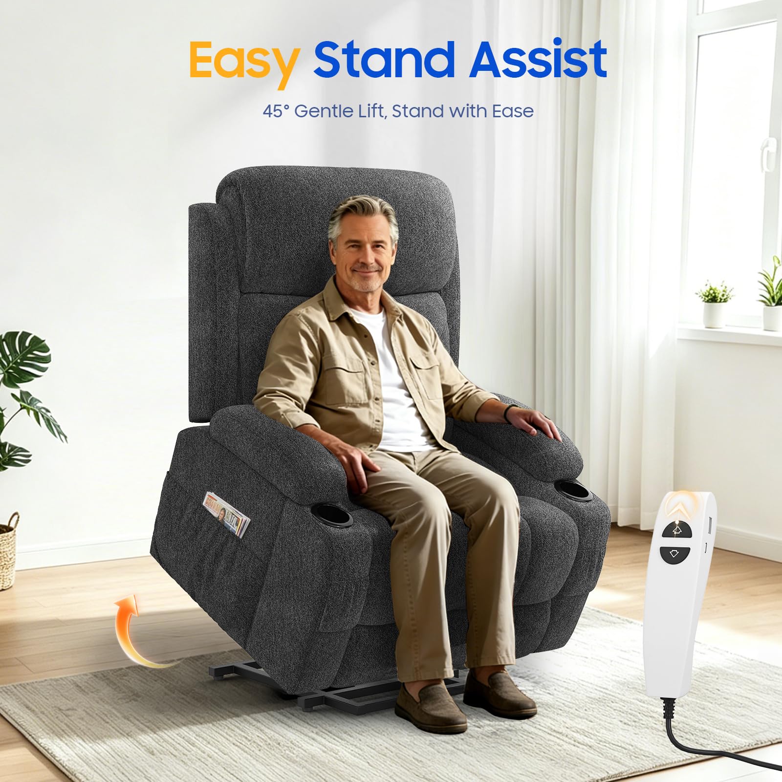Sillón reclinable con función masaje y calefacción, sillón elevable para ancianos con puertos Type-C y USB, 4 bolsillos laterales, 2 portabebidas, sillón reclinable Rise para salón