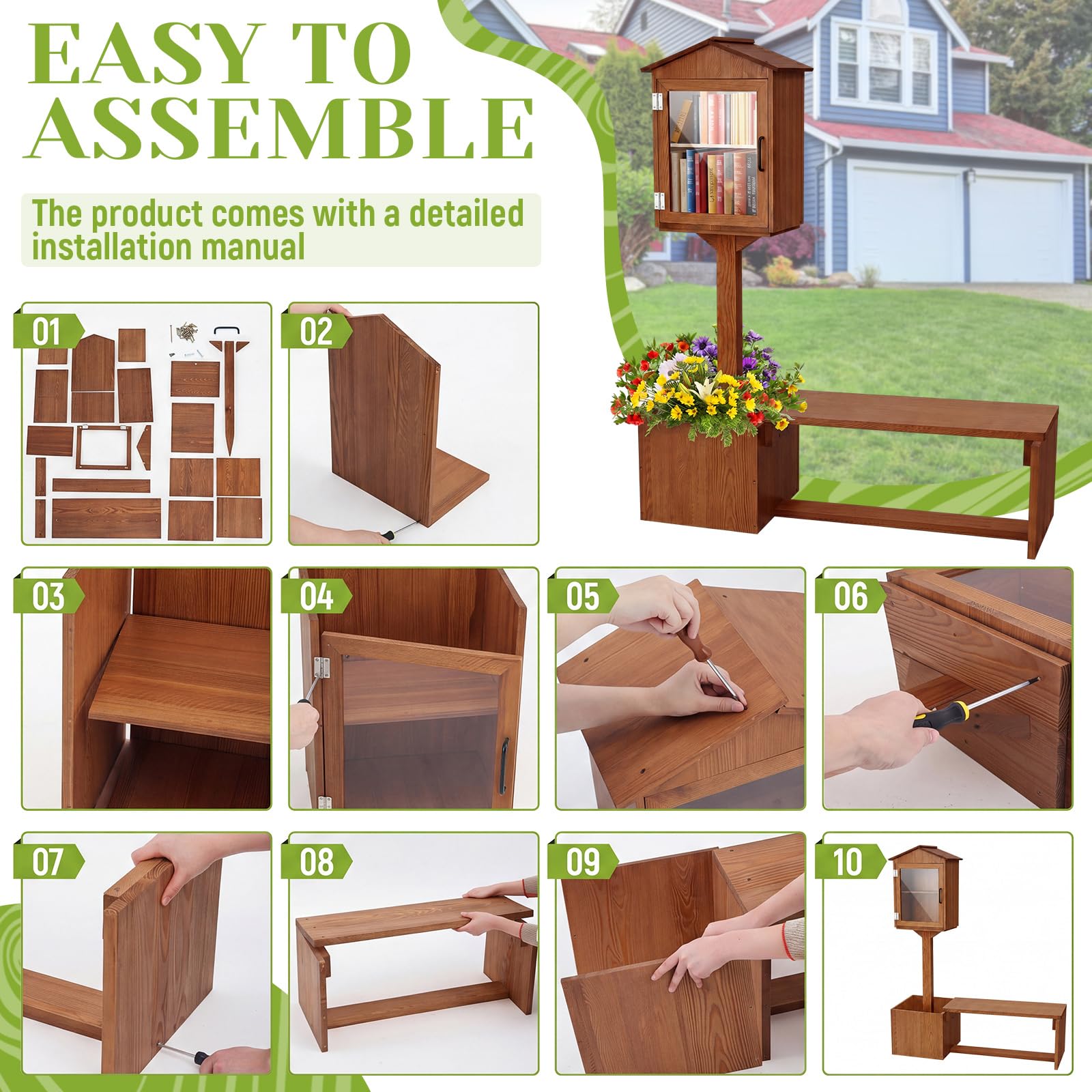 3-in-1 Outdoor Library Box - Bench & Planter -4