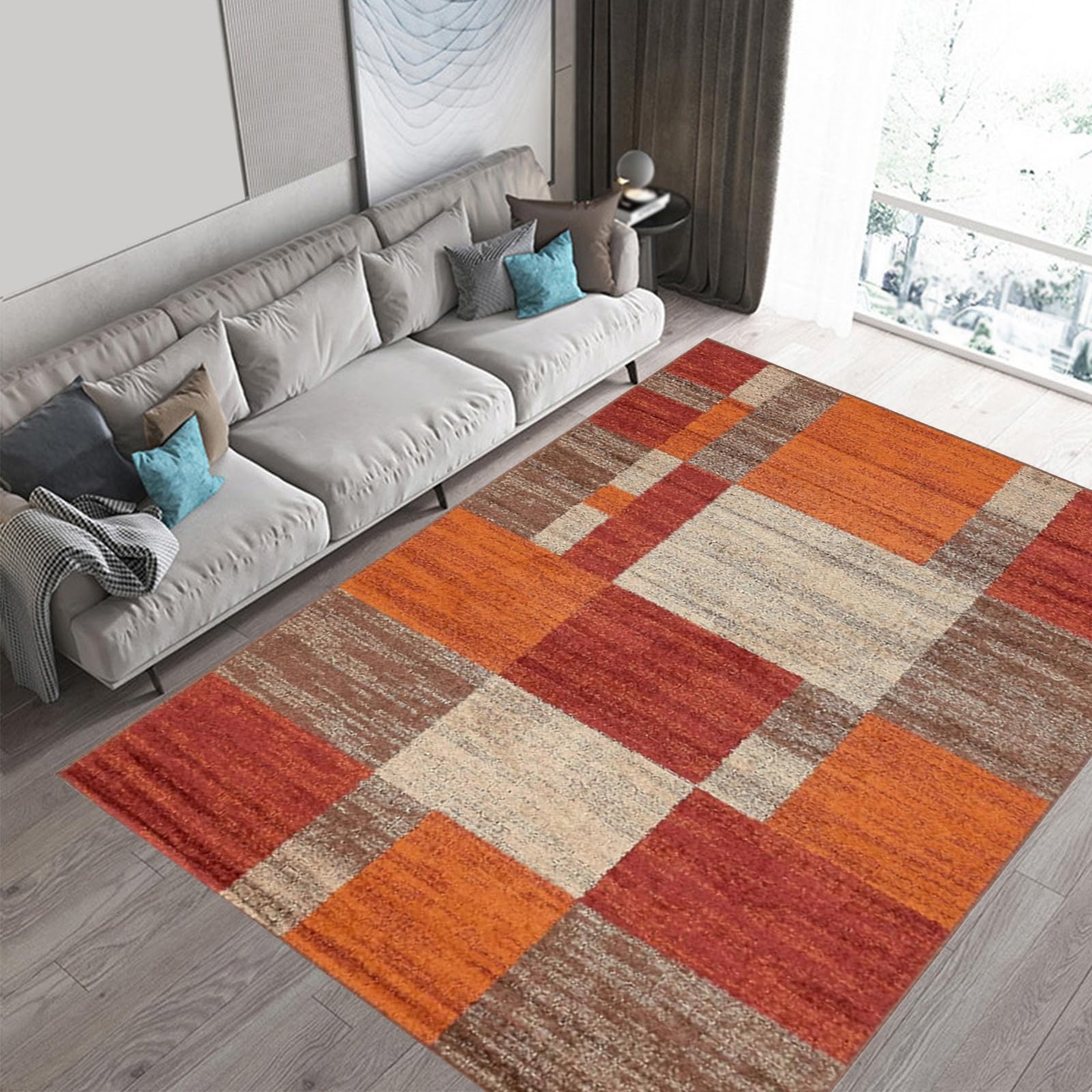 Generisch Teppich großer Wohnzimmer,Geometrisches abstraktes Design, modern, Beige, Braun, Rot, Orange, 200 x 300 cm, Waschbar Anti-Rutsch Teppiche für Esszimmer Schlafzimmer Arbeitszimmer Deko