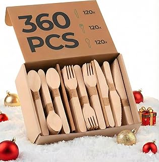 360 PCS Wooden Disposable Cutlery Set – 120 Forks, 120 Knives, 120 Spoons, Compostable Utensils & Plastic-Free Flatware for Party, Camping & Wedding