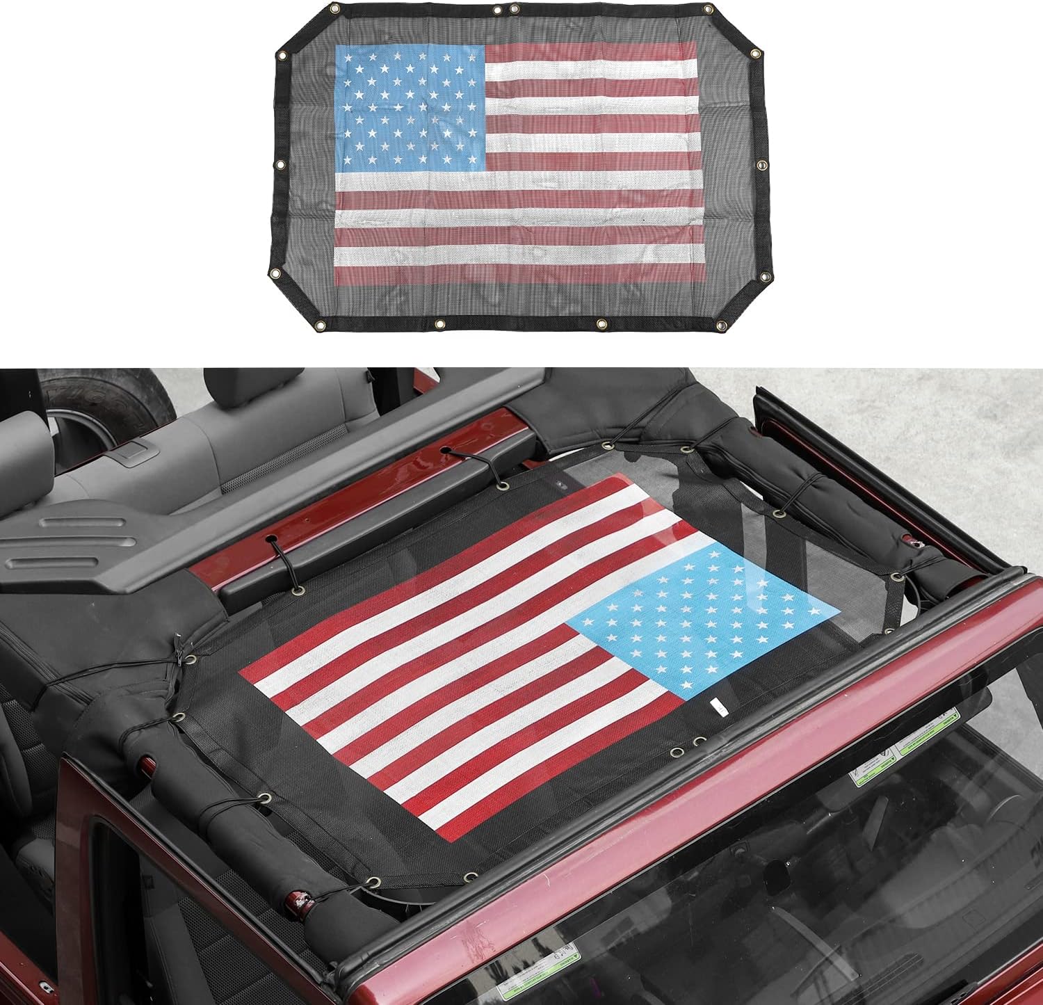 JeCar Mesh Sunshade Front Door Durable Polyester American Flag Top Cover Provides UV Sun Protection for Jeep Wrangler 2007-2018 JK & Unlimited