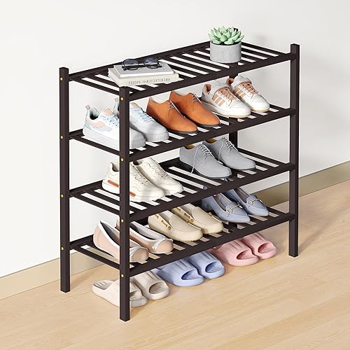 Miniatura 30 de Smiry Zapatero de bambú para clóset, organizador de zapatos apilable de 4 niveles largo de madera, estante de almacenamiento de zapatos Negro