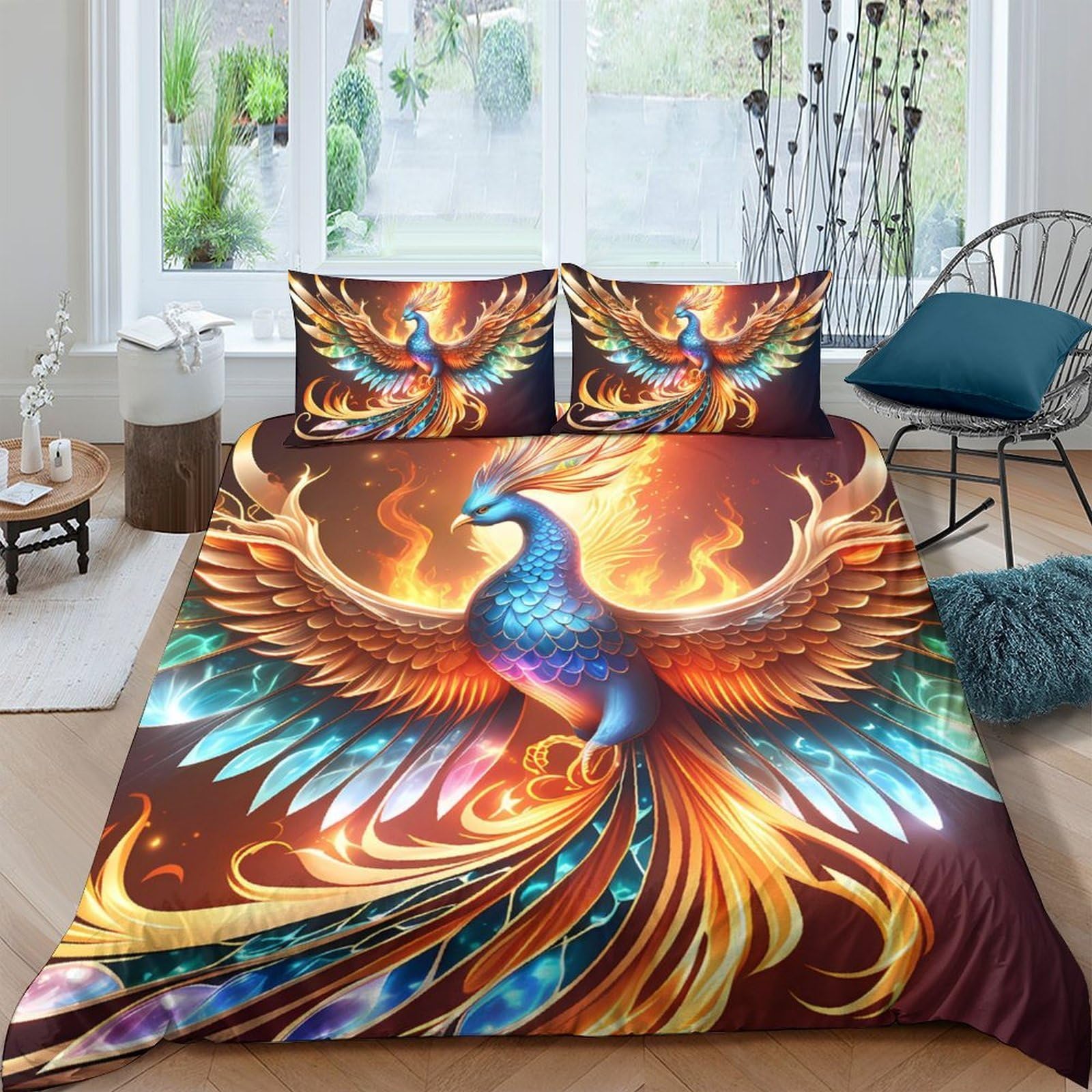 Ctjqhvkz Style-8 3D Printed Phoenix Fire Fitted Sheet Microfiber Soft Vibrant Blue Orange Bed Sheet For Bedroom Guest Room Decor Single（135X200cm）