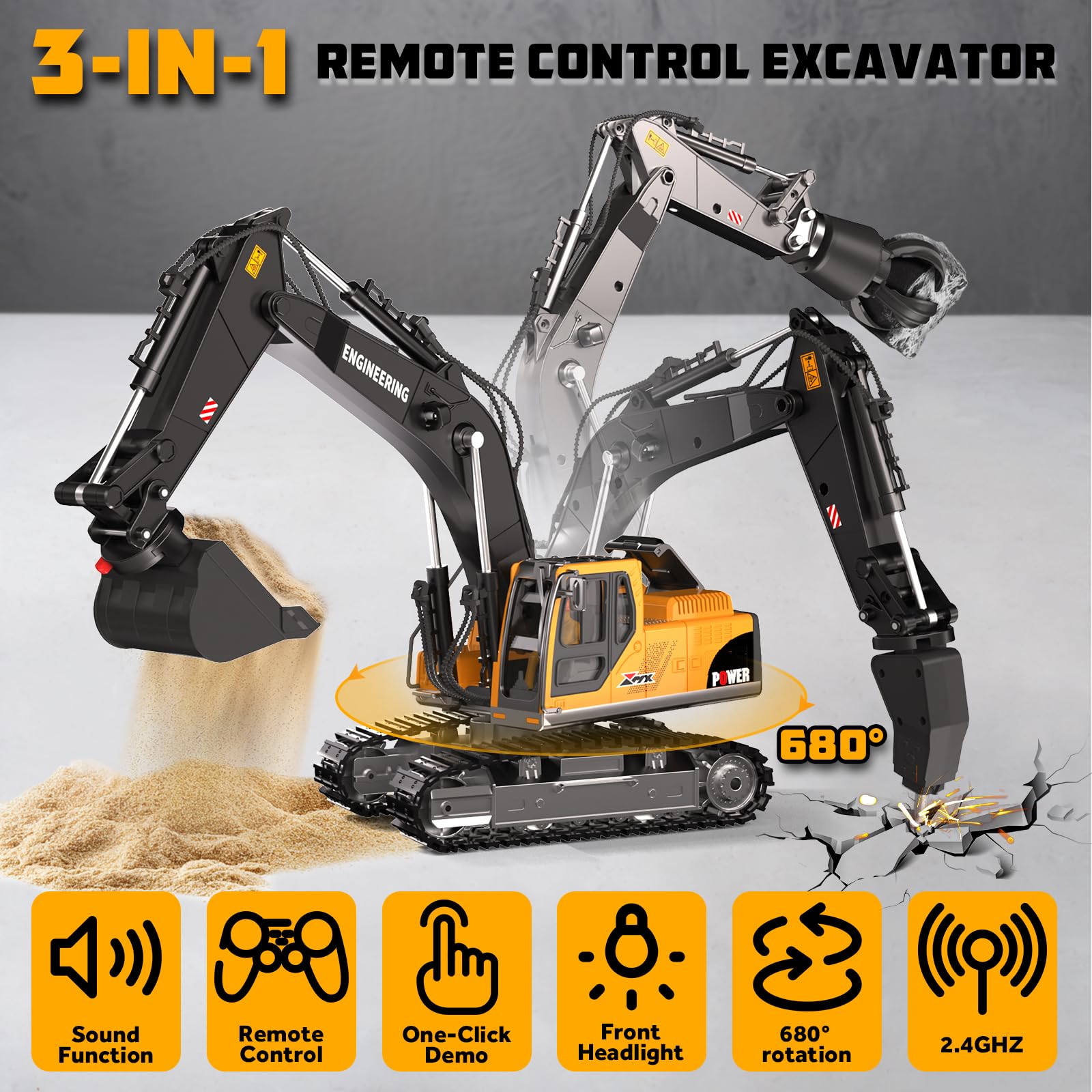 GraceDuck Excavadora Teledirigido y Camiones de Juguete para Niños – Kit 3 en 1 de Construcción con 2 Mandos, Camion Teledirigido Accesorios de Metal Juguetes de Playa, Regalo para Niños 6-12 Años