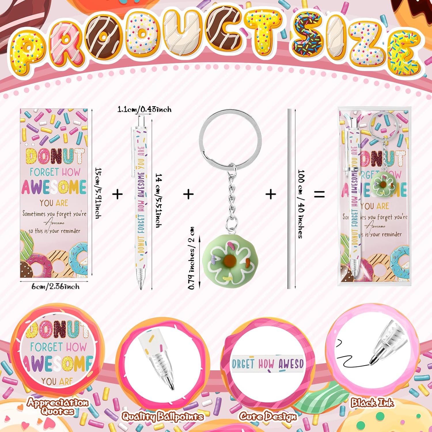 Sayglossy 36 Sets Donut Gifts Bulk Inspirational Donut Ballpoint Pens Luminous Keychains Thank You Bookmarks for Employees Coworkers Teachers Team Staff Appreciation Gifts Birthday Party Favors