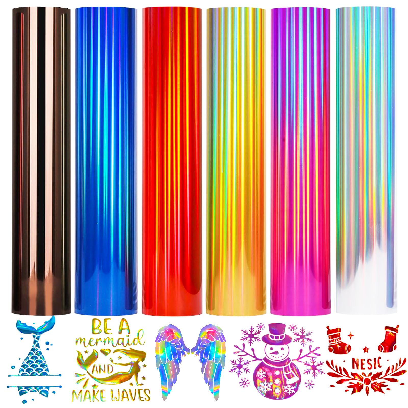 Holographic Heat Transfer Vinyl Rainbow Metal Silver 6 Sheets 10 x 12 inch Gold HTV Iron On Vinyl for T-Shirts, Silhouette Cameo & Heat Press Machine