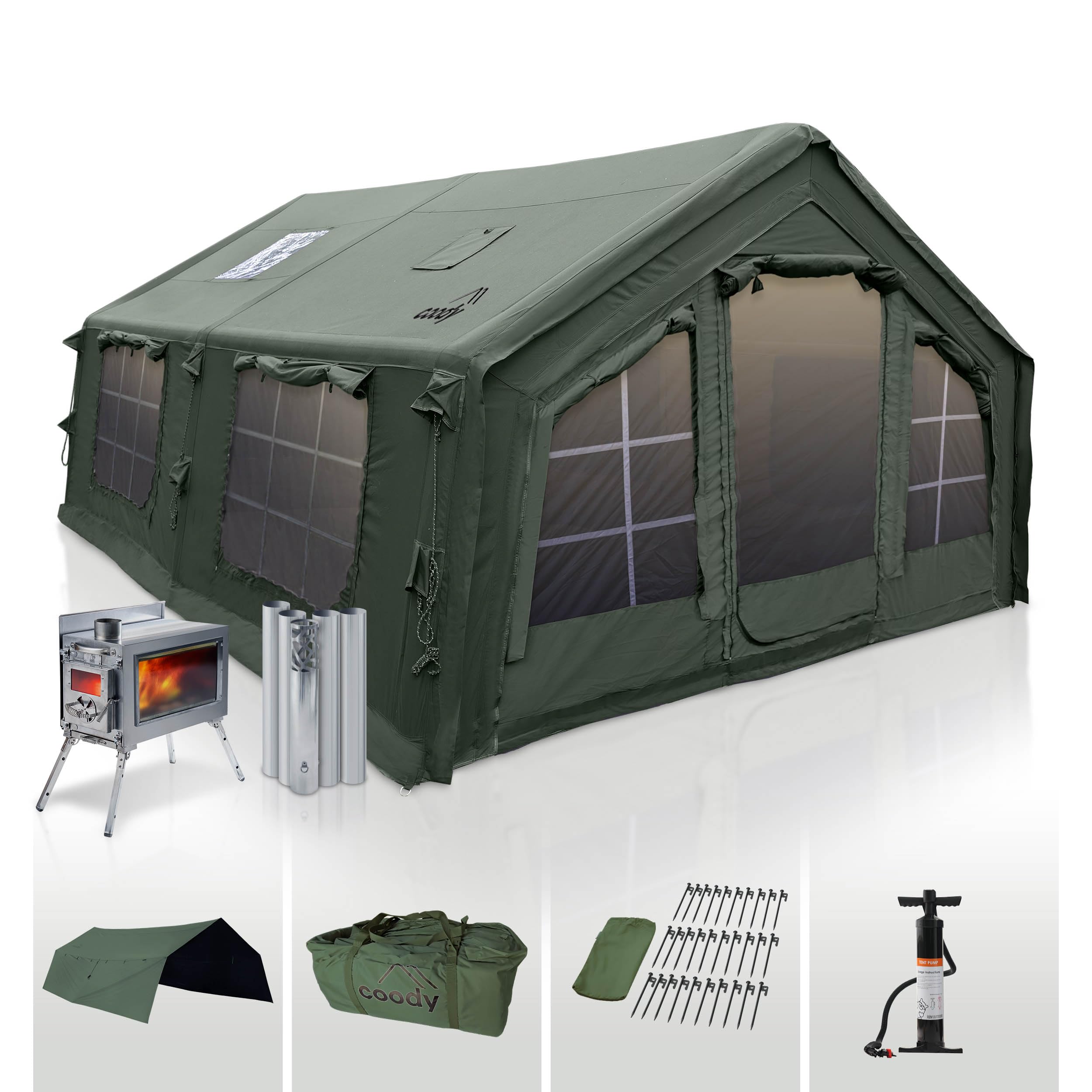 Coody | Rbm Outdoors Koala/Hub/Octopus Inflatable Tents for Camping with Stove Jack, 2/8/10 Person Luxury Canvas Blow Up Tent, 2 Room, Easy Setup Casa de Campaña, Large Inflatable House with Pump