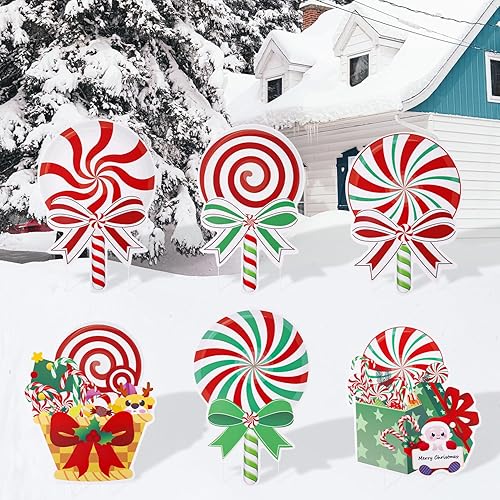 6 carteles de decoración de Navidad para exteriores, letreros de plástico de menta con estacas para patio, decoraciones de Navidad para patio al