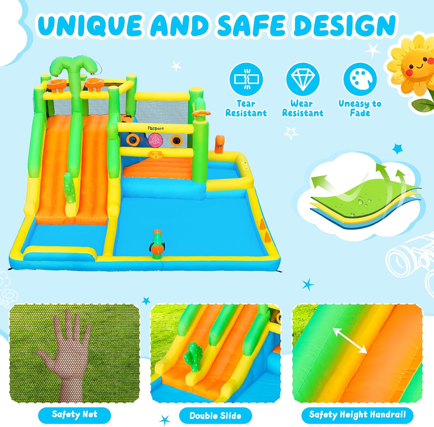 FBSPORT Inflatable Water Slide Bounce House Double Slide, Water Bounce House for Big Kids with Splash Pool, Jumping, Climbing Wall, Bouncy Castle with 750W Blower for Backyard Outdoor Indoor