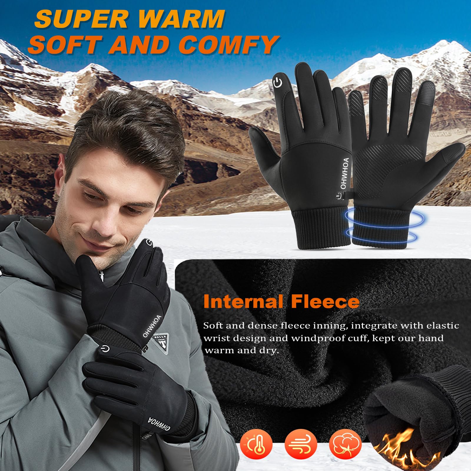 OHWHOA Guanti Invernali Antivento Termici Impermeabili per Uomo e Donna, Guanti da Caldi Sportivi con Touch Screen per Moto, Bici, Corsa, guida, Sci, Snowboard, Alpinismo