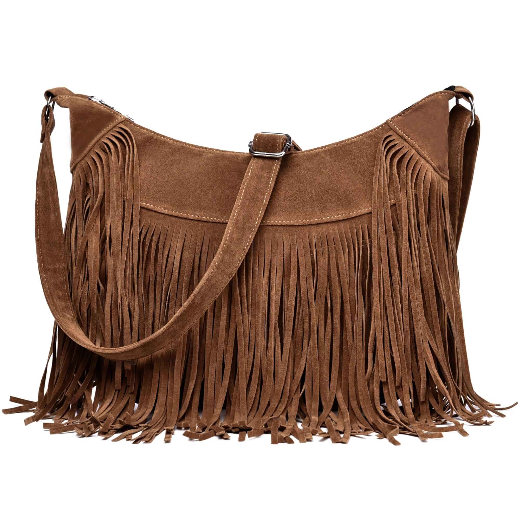 Fringe Hobo Bags for Women, Vintage Western Suede Crossbody Shoulder Purse Decorated with tassel, hippie & cowgirl style for daily casual matching