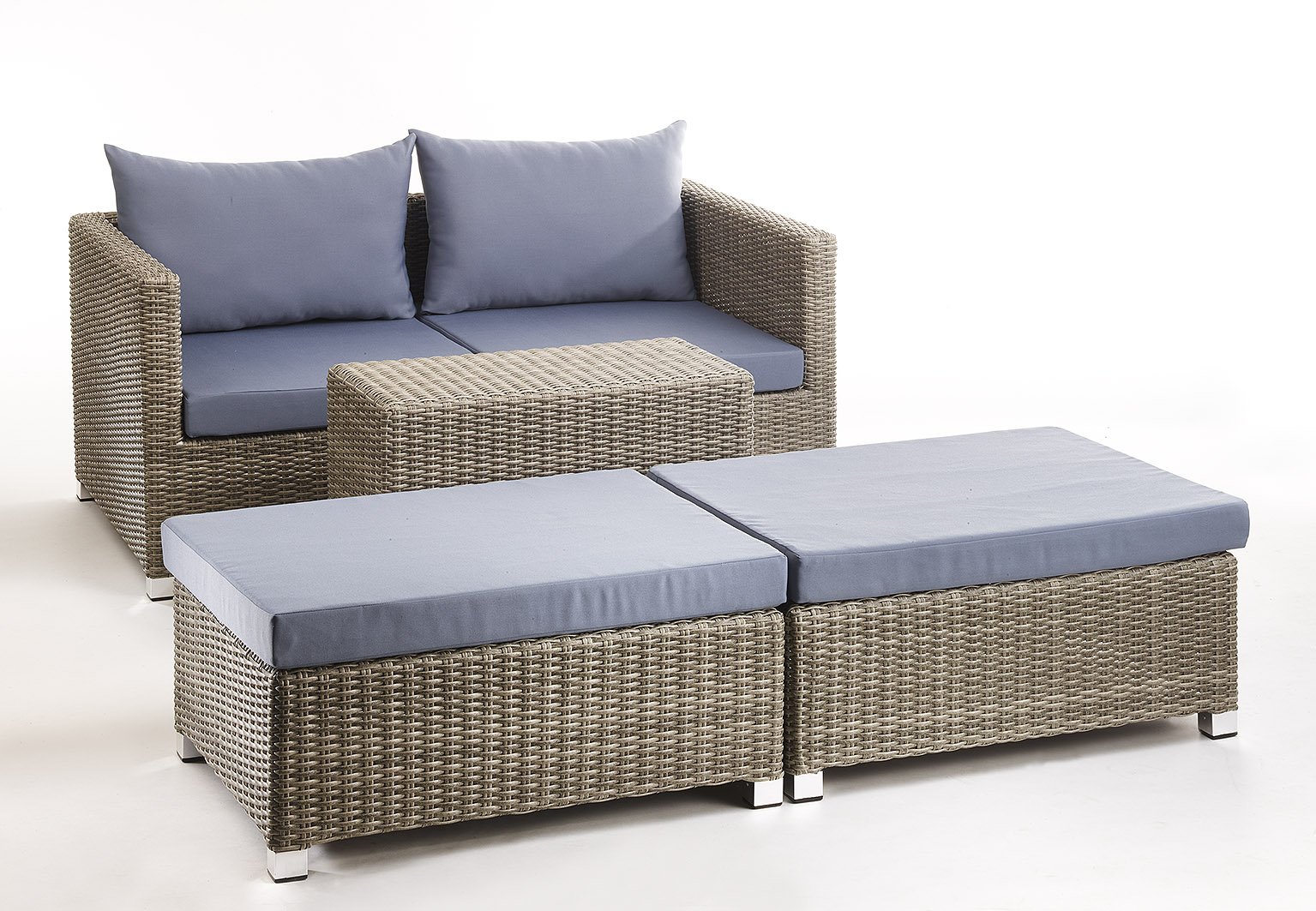 Kobolo Loungemöbel 2 Hocker 2 Sessel 4 Polster 2 Kissen 1 Tisch - Polyrattan