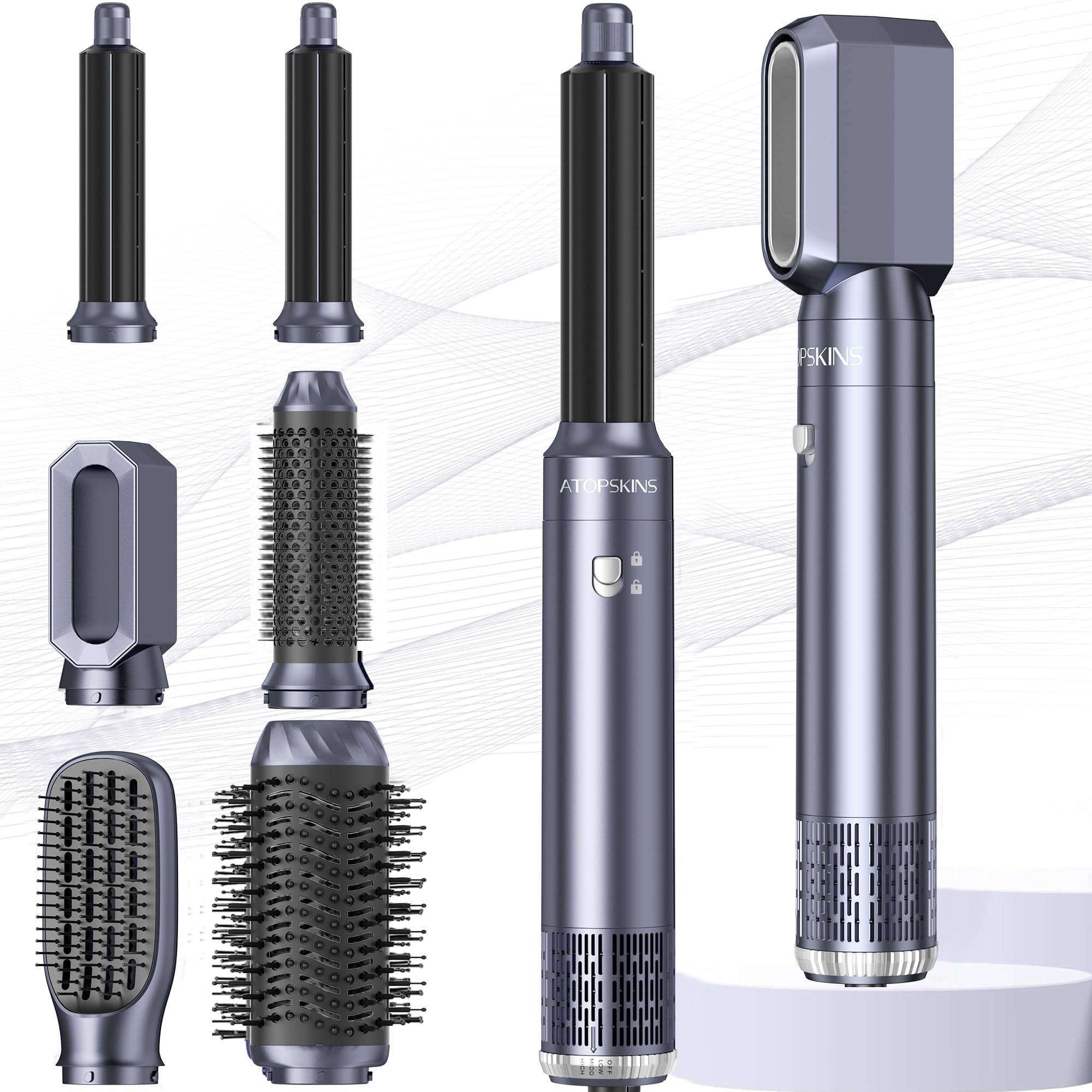 Atopskins Air Styler 6 en 1 Airbrush Pro Cheveux Hair Styler Avec Seche Cheveux Brosse Soufflante, Brosse Seche Cheveux, Brushing Brosse Soufflante, air Boucleur, pour Sécher, Boucler, Lisser