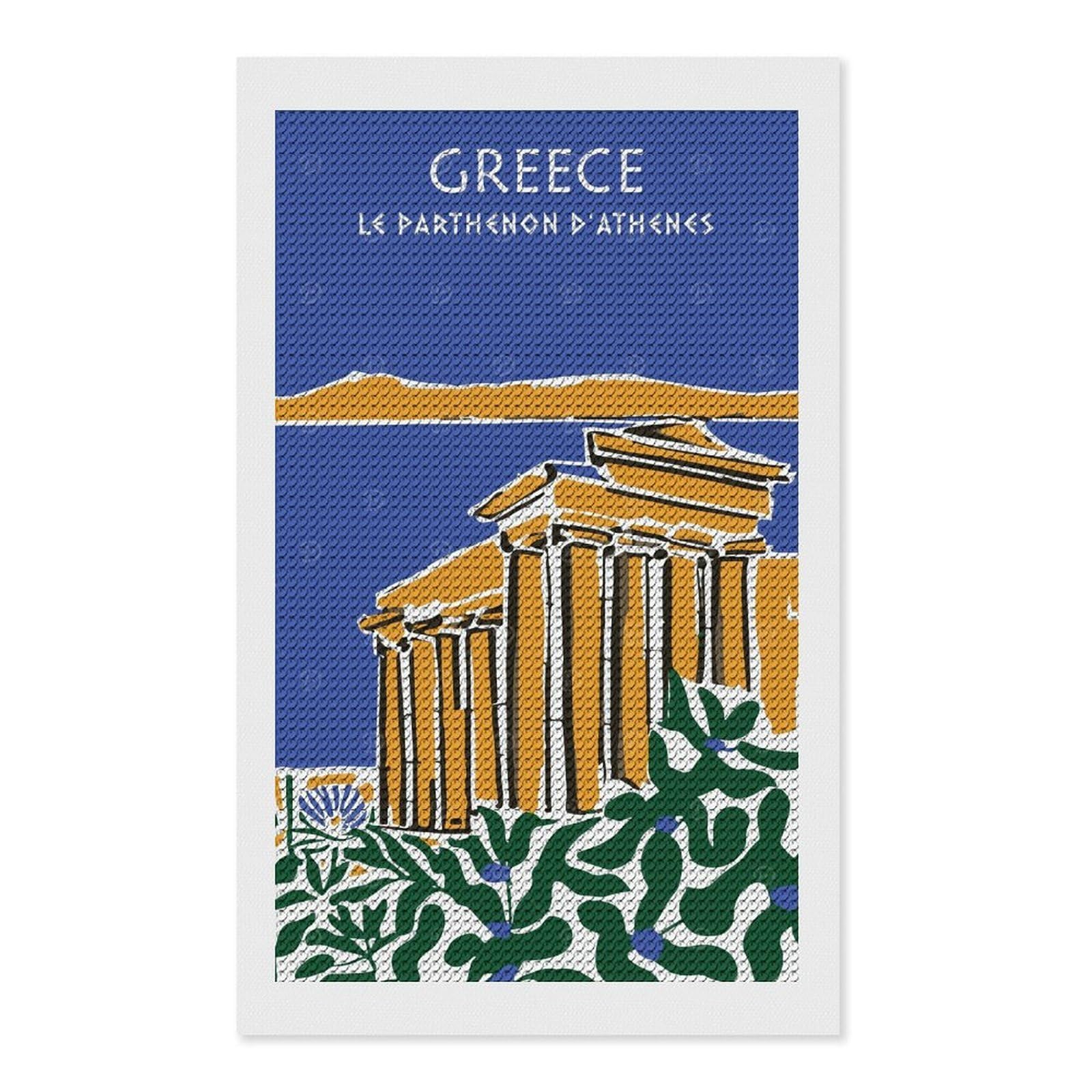 Junmoney Greece Le Parthenon Crystal Diamond Art Kit 12"x20", Stress Relief Craft, Decorative Artwork, Vintage Style Decor, Birthday Gift
